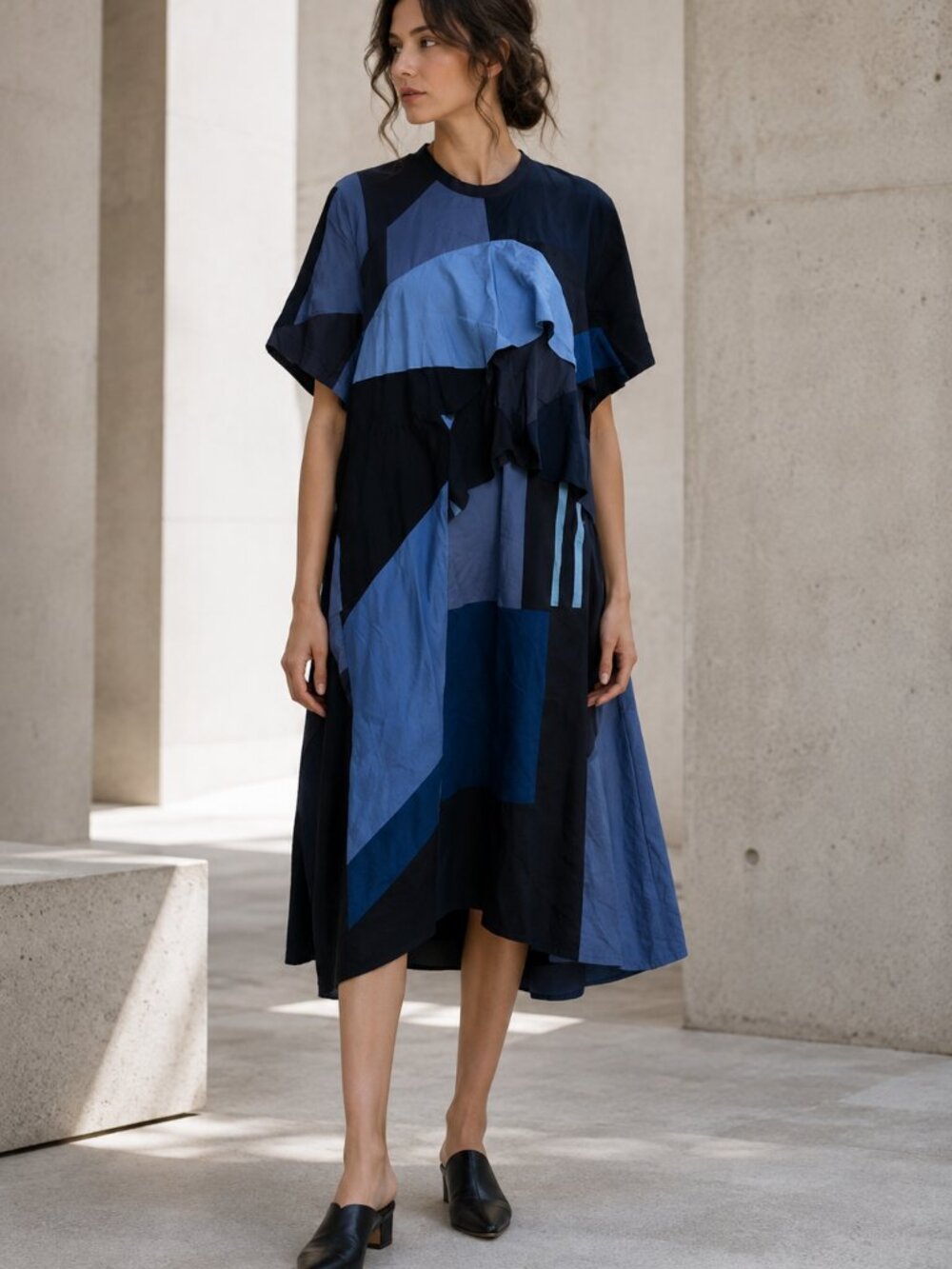 JNBY Silk Midi Dress XL Blue Black Abstract Asymmetric Lagenlook Art to Wear
